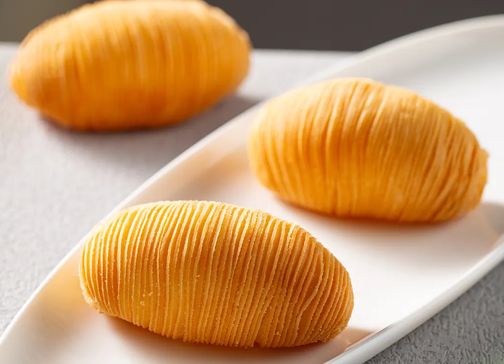 Three ridged golden pastries on a white plate